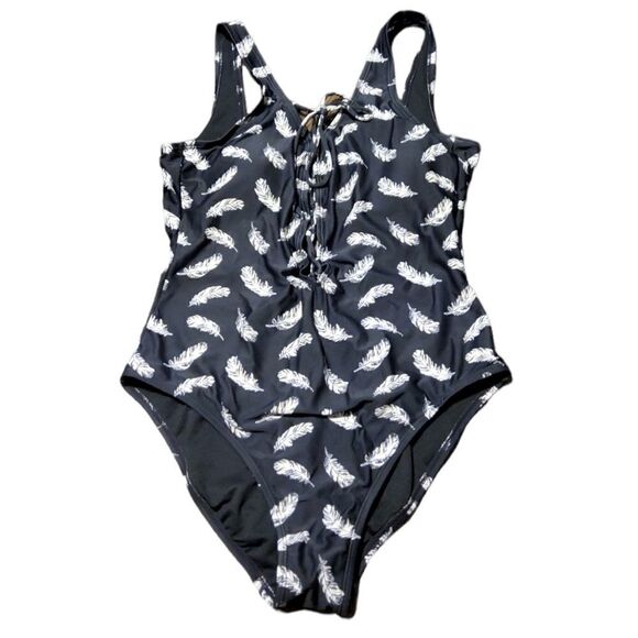 GIANNI Bini One Piece Black Feather Swimsuit Swim Large - Picture 1 of 6